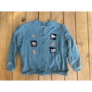 Vintage Artisans Size Large Embroidered Birds Cottagecore Button Up Sweatshirt